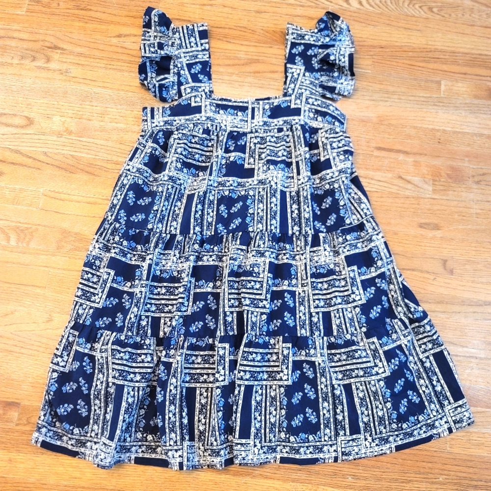 Anthropologie Ruffle Cap Sleeve Smocked A-line Navy Blue & White Dress Paisley